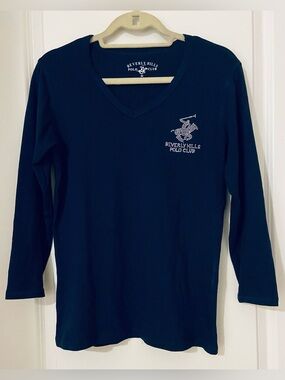 Beverly Hills Polo Club Navy Long Sleeve V-Neck Tee Rhinestone Logo